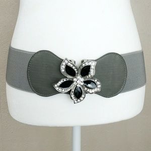 Rhinestone Flower Wide Gray Stretch Fashion Belt
